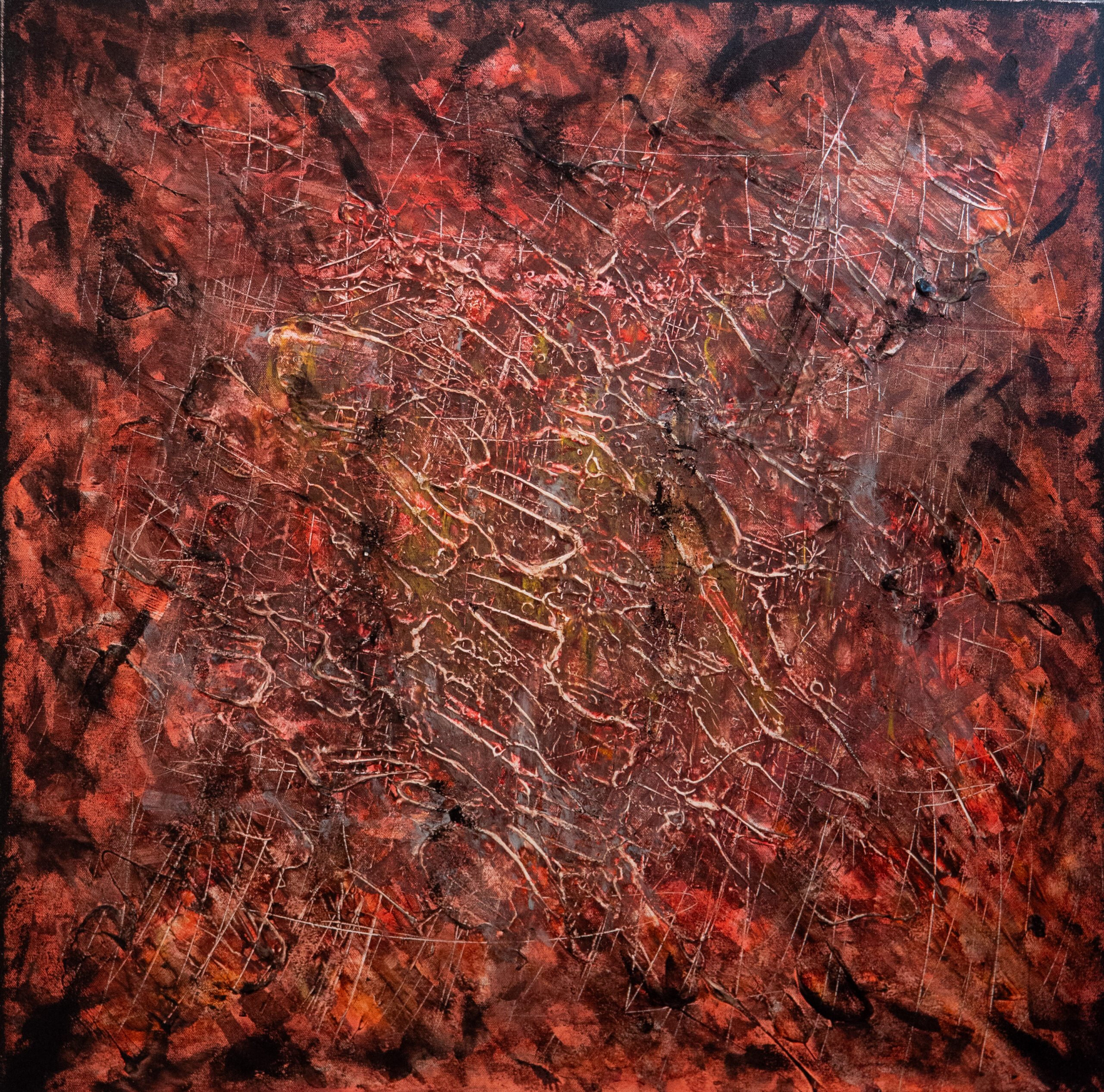 Tableau abstrait émotionnel aux couleurs profondes "Le choc" – série Les émotions vitales – création artistique BKenzArt